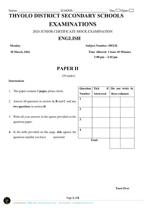 2026 Thyolo Cluster JCE English Paper II Mock with Answers - Preview