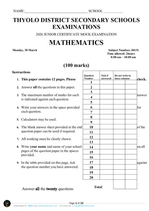 2026 Thyolo Cluster JCE Mathematics Mock with Answers - Preview
