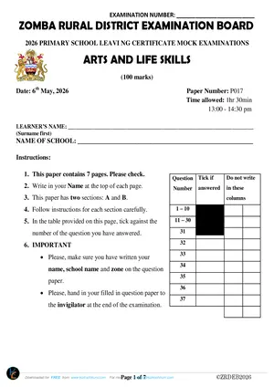 2026 Zomba Rural PSLCE Malawi Arts & Life Skills Mock - Preview