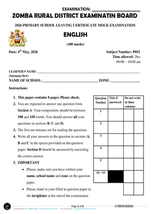 2026 Zomba Rural PSLCE Malawi English Mock - Preview
