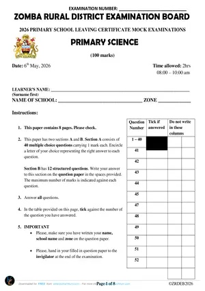 2026 Zomba Rural PSLCE Malawi Primary Science Mock - Preview