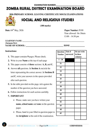 2026 Zomba Rural PSLCE Mock Malawi Social and Religious Studies - Preview