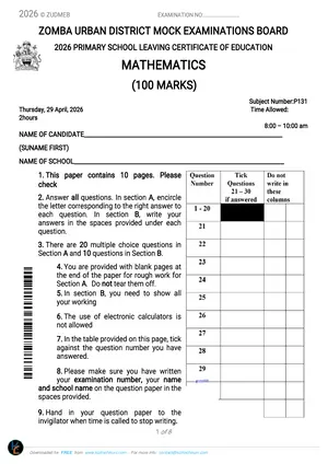 2026 Zomba Urban PSLCE Mathematics Mock - Preview