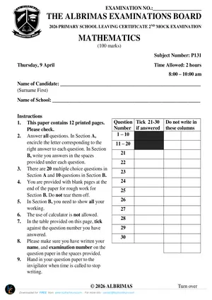 2026 The ALBRIMAS Mathematics 2nd PSLCE Mock - Preview