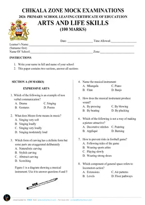 2026 Chikala Zone PSLCE Mock Arts and Life Skills Std 8 with Answers - Preview