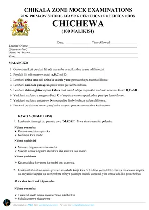 2026 Chikala Zone PSLCE Mock Chichewa Std 8 with Answers - Preview