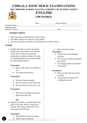 2026 Chikala Zone PSLCE Mock English Std 8 with Answers - Preview
