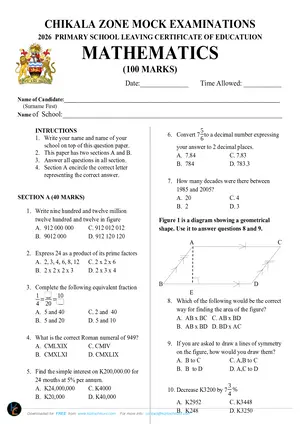 2026 Chikala Zone PSLCE Mock Mathematics Std 8 with Answers - Preview