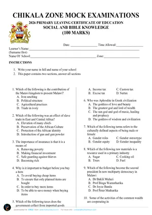 2026 Chikala Zone PSLCE Mock Social and Religious Studies Std 8 with Answers - Preview