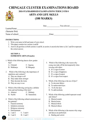2026 Chingale Cluster Mock PSLCE Arts and Life Skills with Answers - Preview