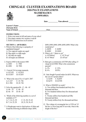 2026 Chingale Cluster Mock PSLCE Mathematics with Answers - Preview