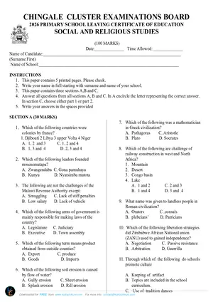 2026 Chingale Cluster Mock PSLCE Social and Religious Studies with Answers - Preview
