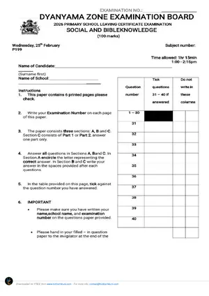 2026 Dyanyama Zone Social and Religious Studies PSLCE Mock - Preview