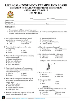 2026 Likangala Zone PSLCE Mock Arts and Life Skills with Answers - Preview
