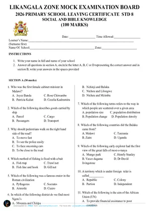 2026 Likangala Zone PSLCE Mock Social and Religious Studies with Answers - Preview