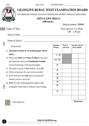 2026 Lilongwe Rural West Primary School Arts and Life Skills PSLCE Mock - Preview