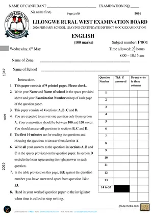 2026 Lilongwe Rural West Primary School English PSLCE Mock - Preview