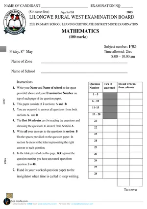2026 Lilongwe Rural West Primary School Mathematics PSLCE Mock - Preview