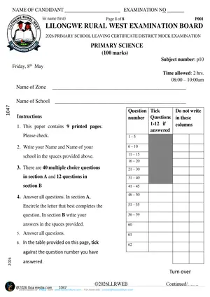 2026 Lilongwe Rural West Primary School Primary Science PSLCE Mock - Preview