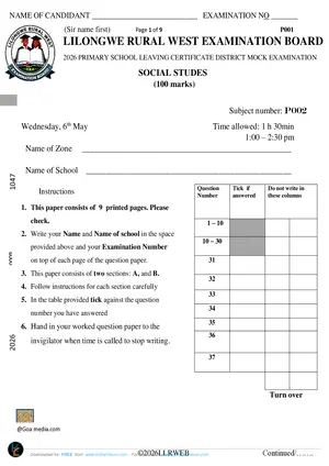 2026 Lilongwe Rural West Primary School Social and Religious Studies PSLCE Mock - Preview