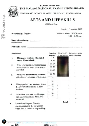 2026 MANEB PSLCE Arts and Life Skills Past Paper - Preview