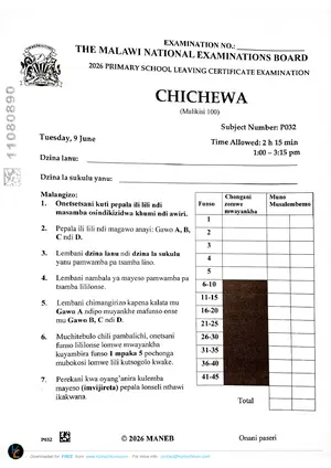 2026 MANEB PSLCE Chichewa Past Paper - Preview