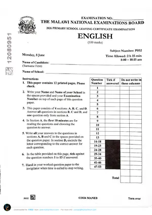 2026 MANEB PSLCE English Past Paper - Preview