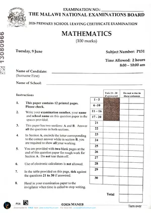 2026 MANEB PSLCE Mathematics Past Paper - Preview