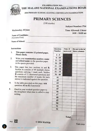 2026 MANEB PSLCE Primary Science Past Paper - Preview