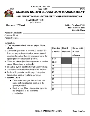2026 MZIMBA NORTH MATHEMATICS MOCK - Preview