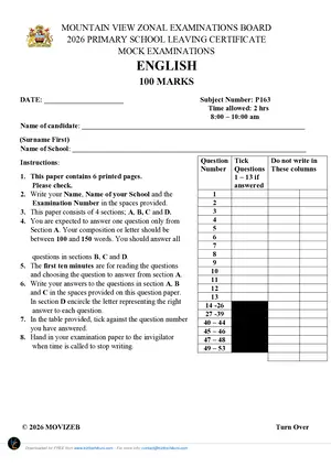 2026 Mountain View Zone English PSLCE Mock - Preview