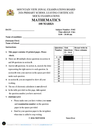 2026 Mountain View Zone Mathematics PSLCE Mock - Preview
