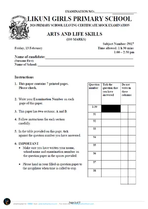 2026 Likuni Girls School PSLCE Art and Life Skills Mock - Preview