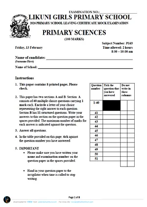 2026 Likuni Girls School PSLCE Primary Science Mock - Preview