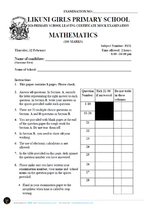 2026 Likuni Girls School PSLCE Mathematics Mock - Preview