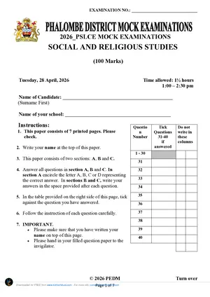 2026 Phalombe District Social and Religious Studies Mock - Preview