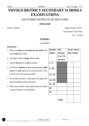 2026 English Paper 1 Thyolo Secondary School Mock - Preview