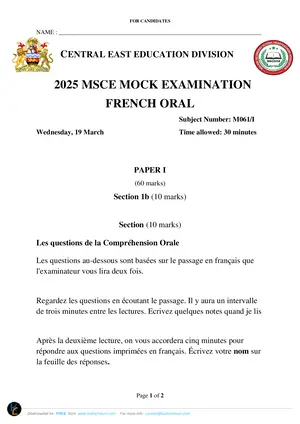 French Aural Comprehension Questions - MSCE 2025 For Candidates - Preview