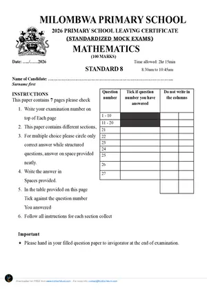 2026 Milombwa primary school Mathematics mock - Preview