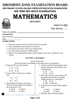 2026 Mbomwe zone Mathematics Mock - Preview