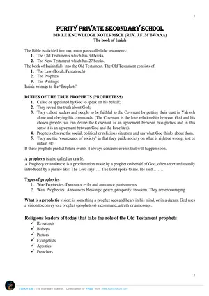 MSCE Bible Knowledge Notes by Rev JJ Mbwana of Purity Private - Preview