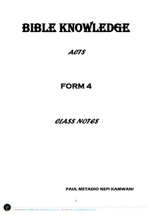 MSCE Study Notes Form 4 Bible Knowledge (BK) Acts Teacher by Kamwani - Preview