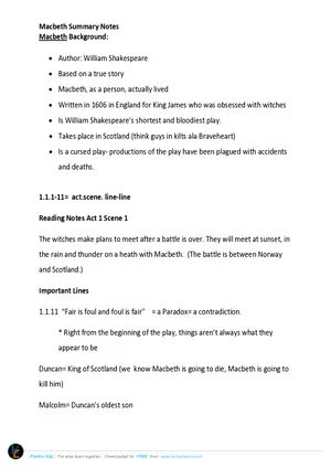 Macbeth Notes Including Summary by Unknown - Preview