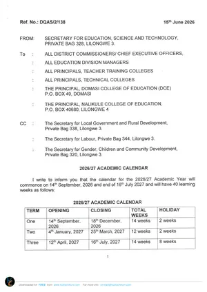 Ministry of Education Circular: 2026/2027 Harmonized Academic Calendar for Malawi Schools - Preview