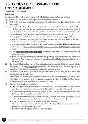 Purity Private School MSCE Bible Knowledge Acts Notes - Preview