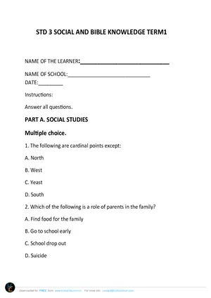 Standard 3 Term 1 Social and BK Past Paper - Preview
