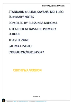 Standard 4 Ulimi, Sayansi ndi Luso Notes (Chichewa) by Kasache - Preview