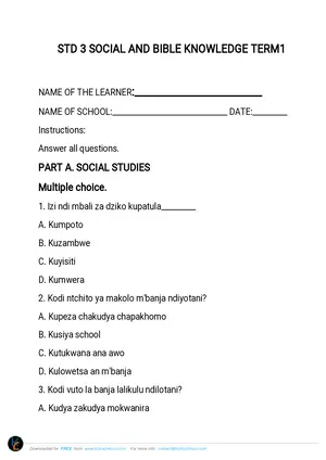 Std 3 Social and BK Term 1 Chichewa Past Paper - Preview